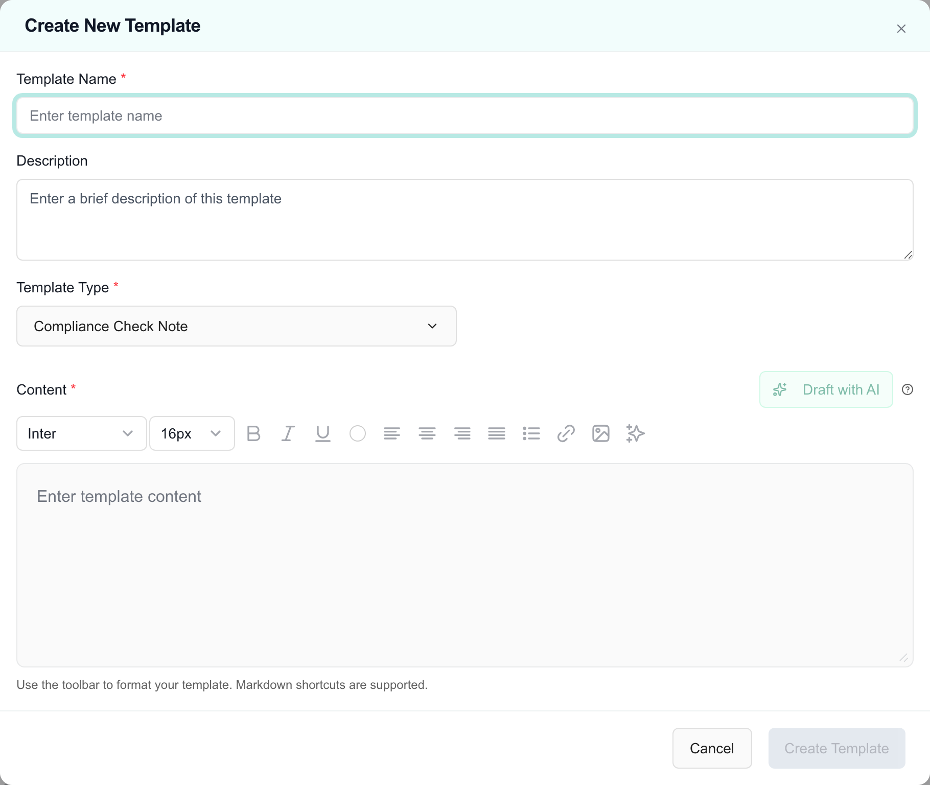 Create New Template dialog with Template Name, Description, Template Type and Content fields.