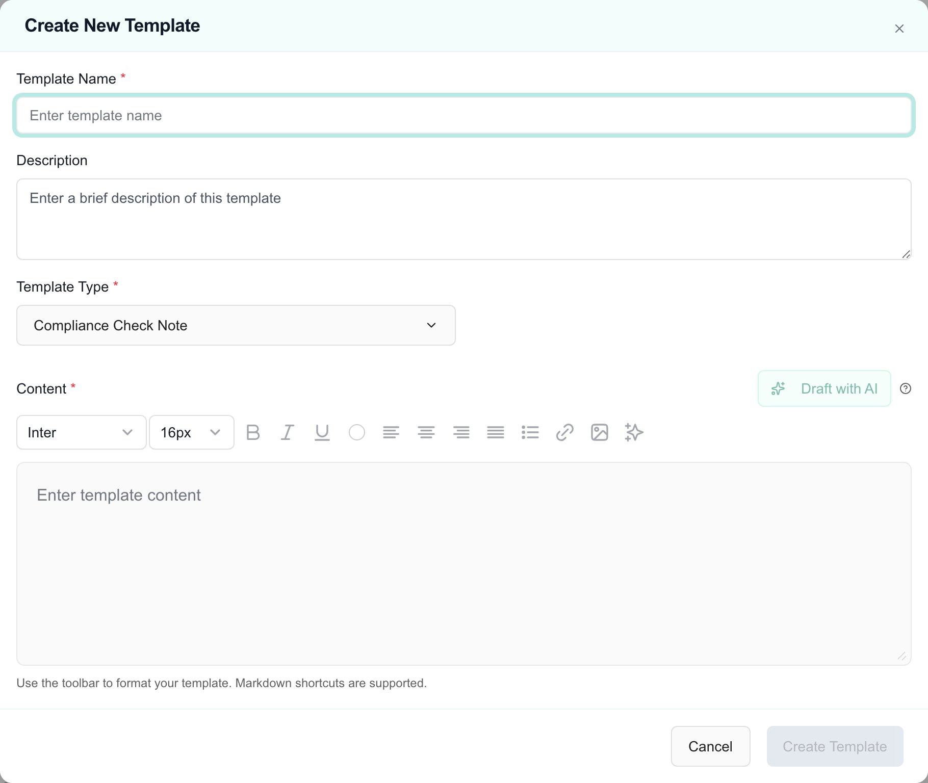 Create New Template dialog with Template Name, Description, Template Type and Content fields.