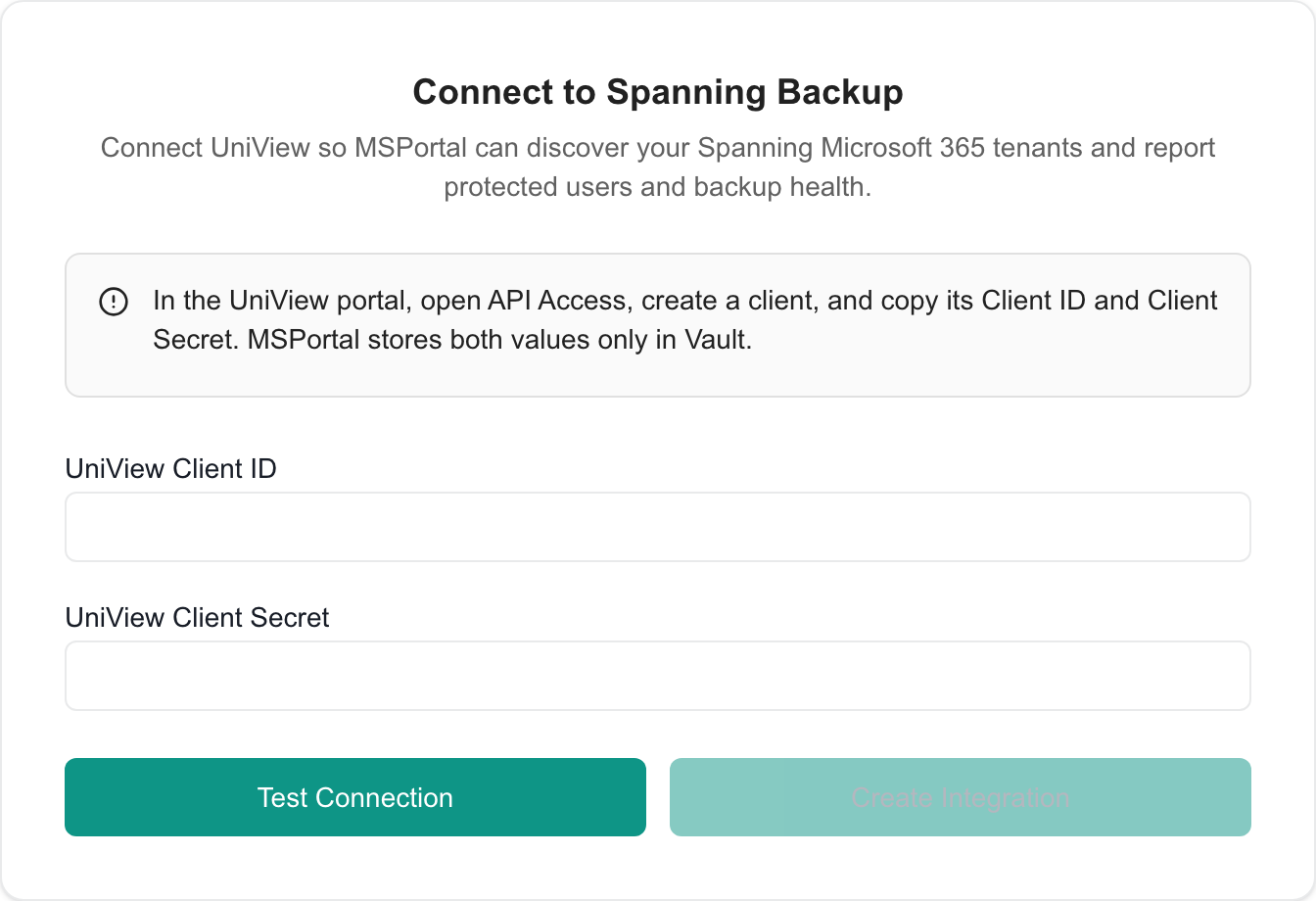 Spanning connection form with blank credential fields and test and save controls