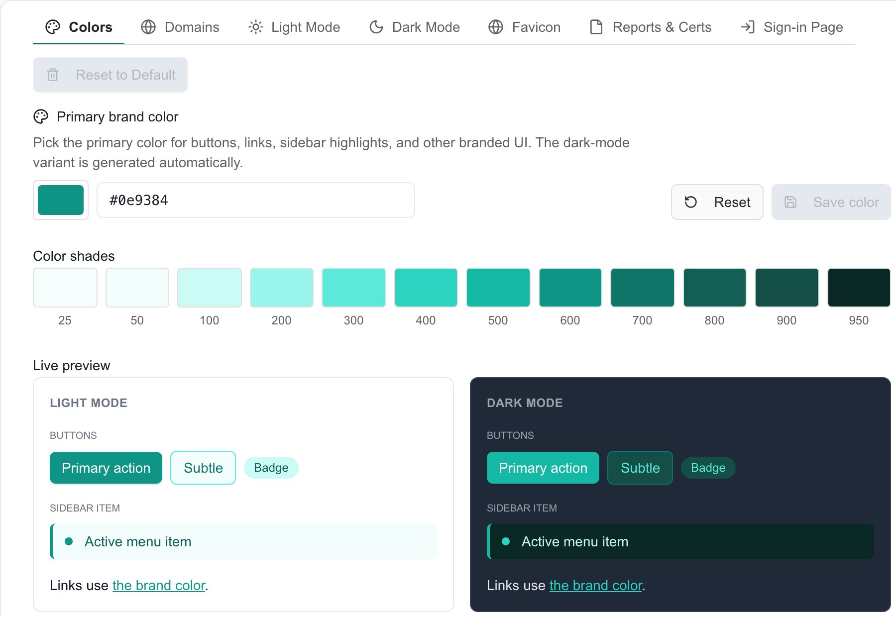 Tenant branding color controls and light/dark sample previews.