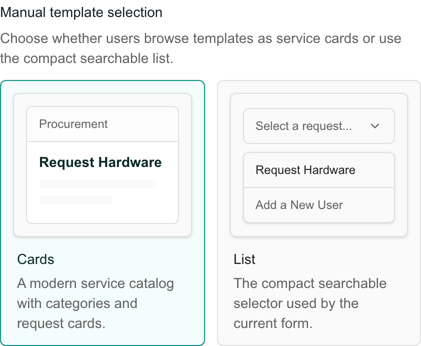 Manual template selection with Cards and List previews in Ticket settings.