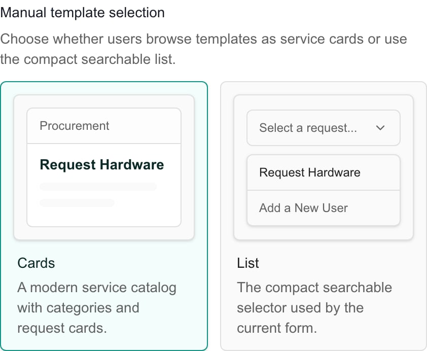 Manual template selection with Cards and List previews in Ticket settings.