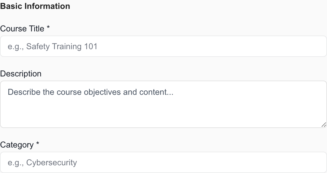 Create Course panel with the Basic Information fields