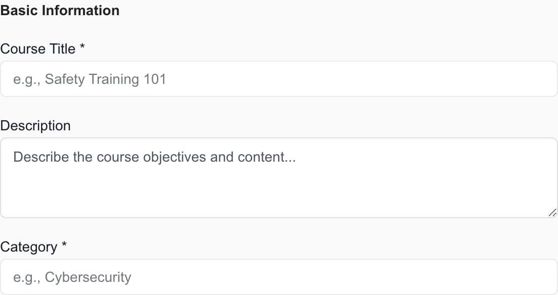 Create Course panel with the Basic Information fields