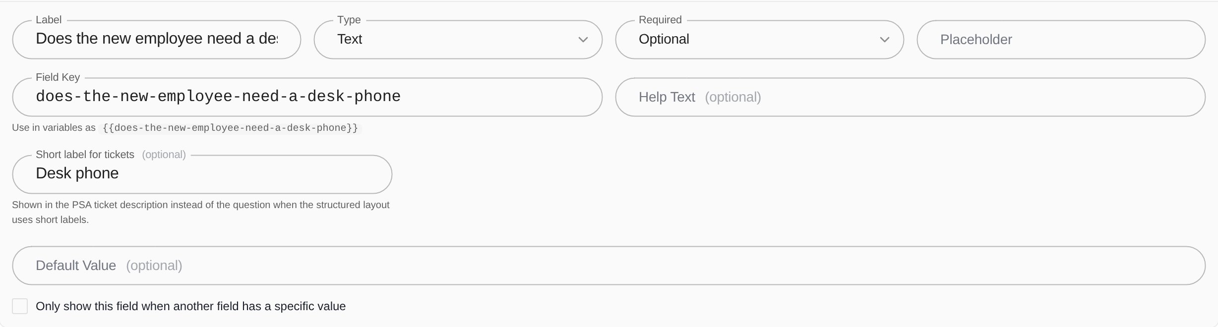 Template field editor with the question "Does the new employee need a desk phone?" and the short label "Desk phone" in Short label for tickets.