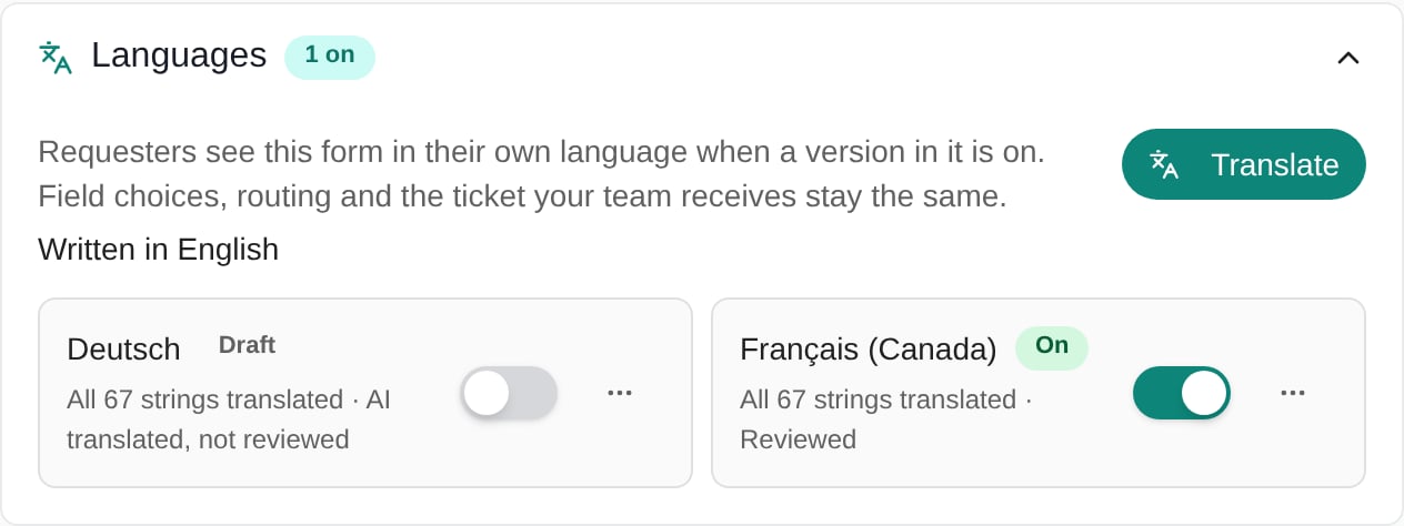 Languages section of the Printer is broken form, with Deutsch as an AI-translated draft and Français (Canada) turned on and reviewed.