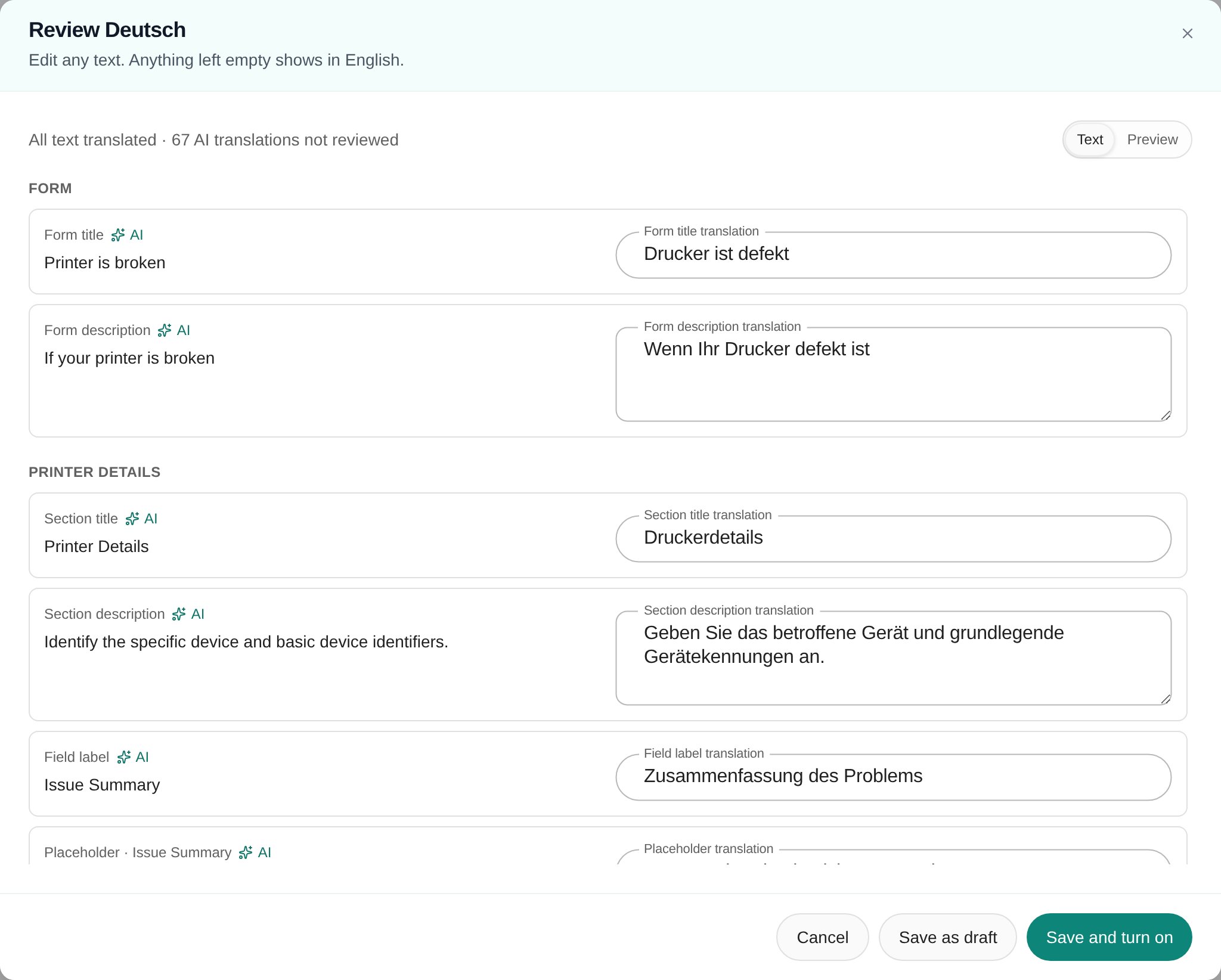 Review Deutsch dialog listing the form title, description, section and field text in English beside their German translations, with Save as draft and Save and turn on buttons.