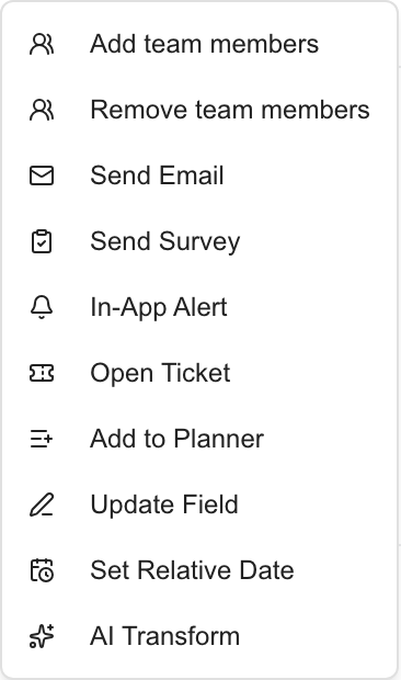 Branch preview: Add team members and Remove team members at the top of the automation action menu