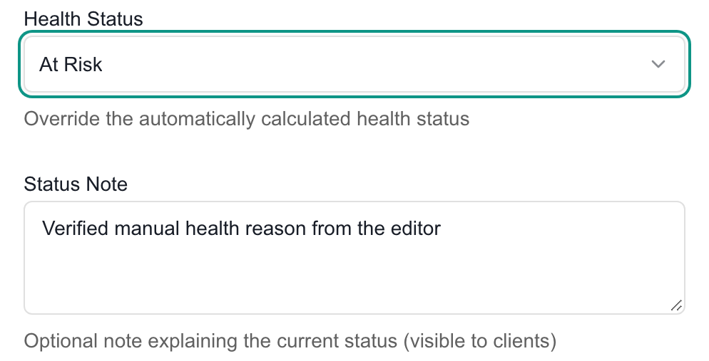 Edit Project Details with Health Status set to At Risk and a Status Note explaining the override