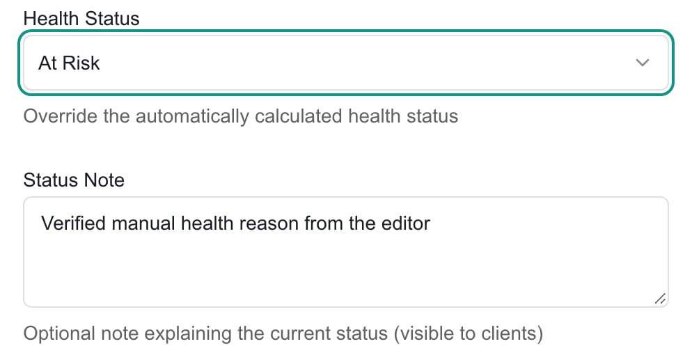 Edit Project Details with Health Status set to At Risk and a Status Note explaining the override