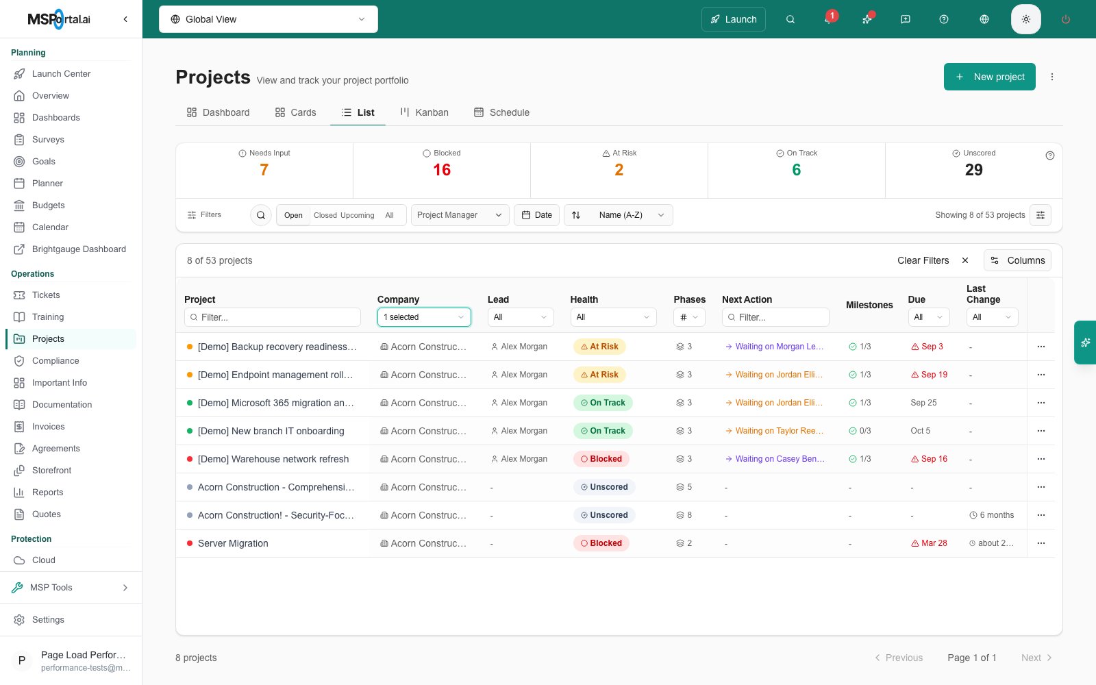 Projects List filtered by the Company column heading to one company, showing 8 of 53 projects