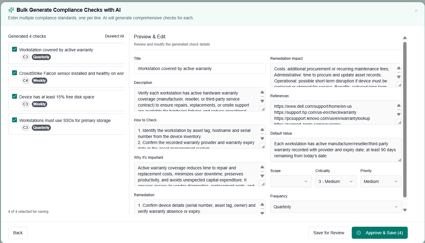 Bulk Compliance Creation interface