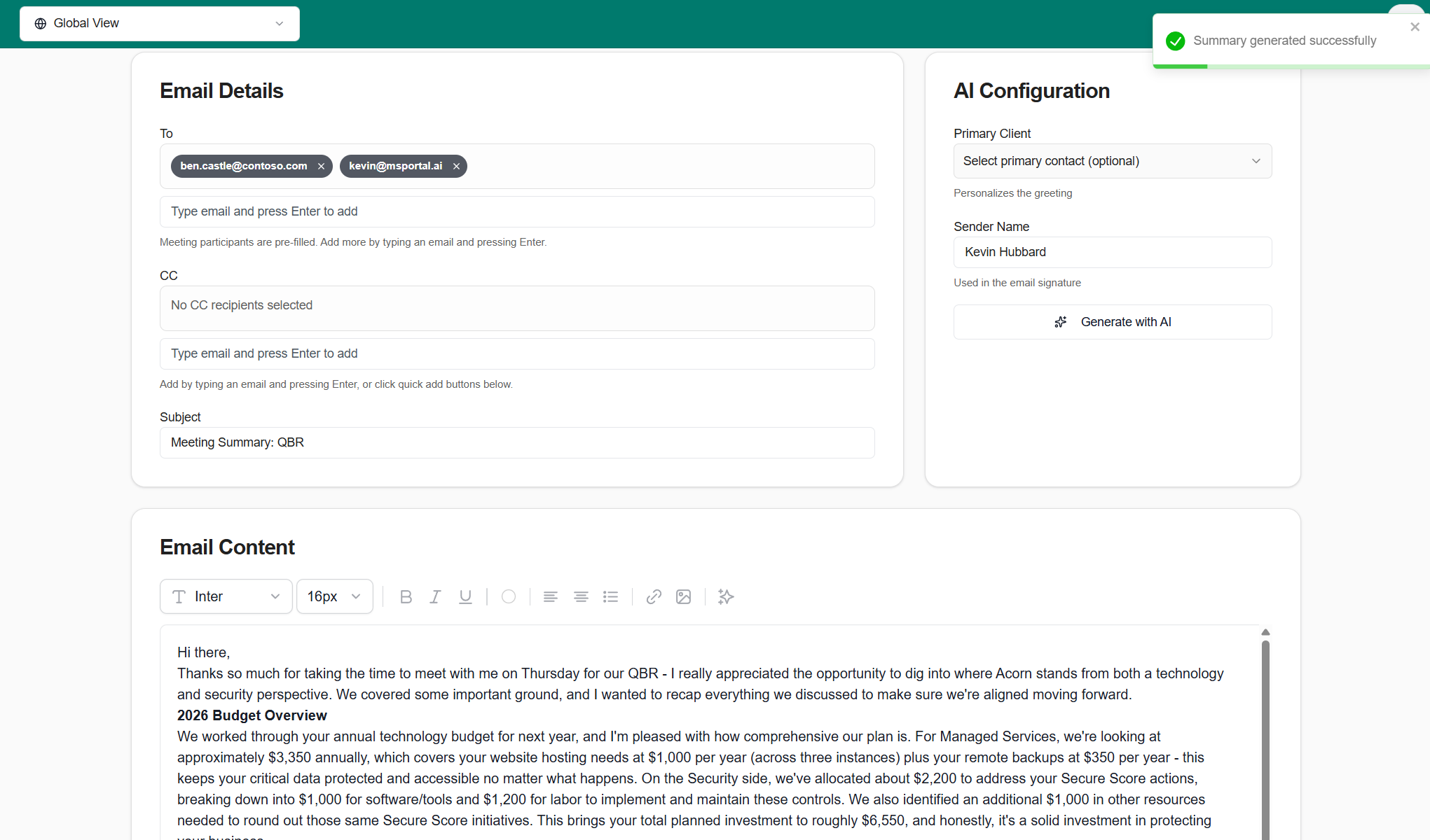 Meeting summary email workflow with AI generation