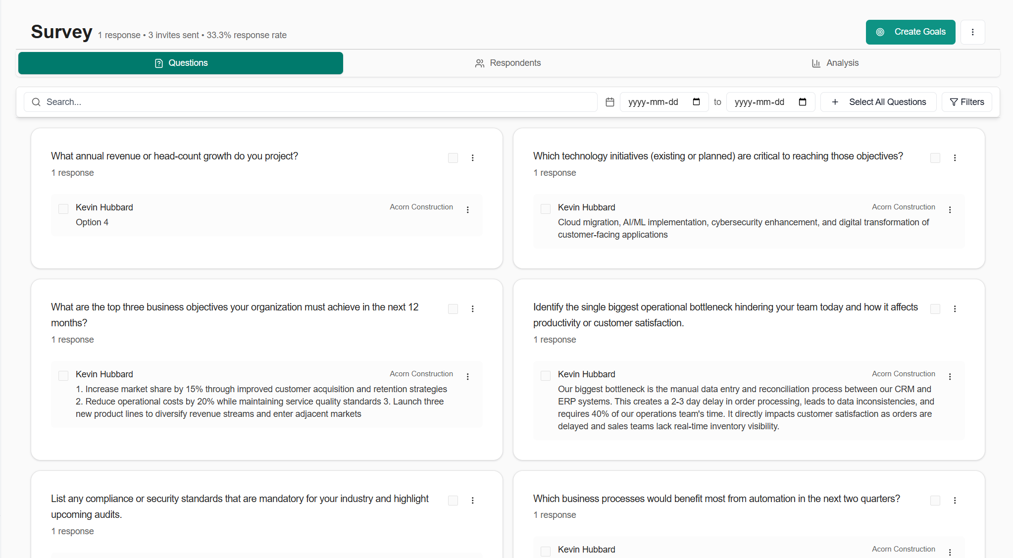 Survey response management with bulk operations