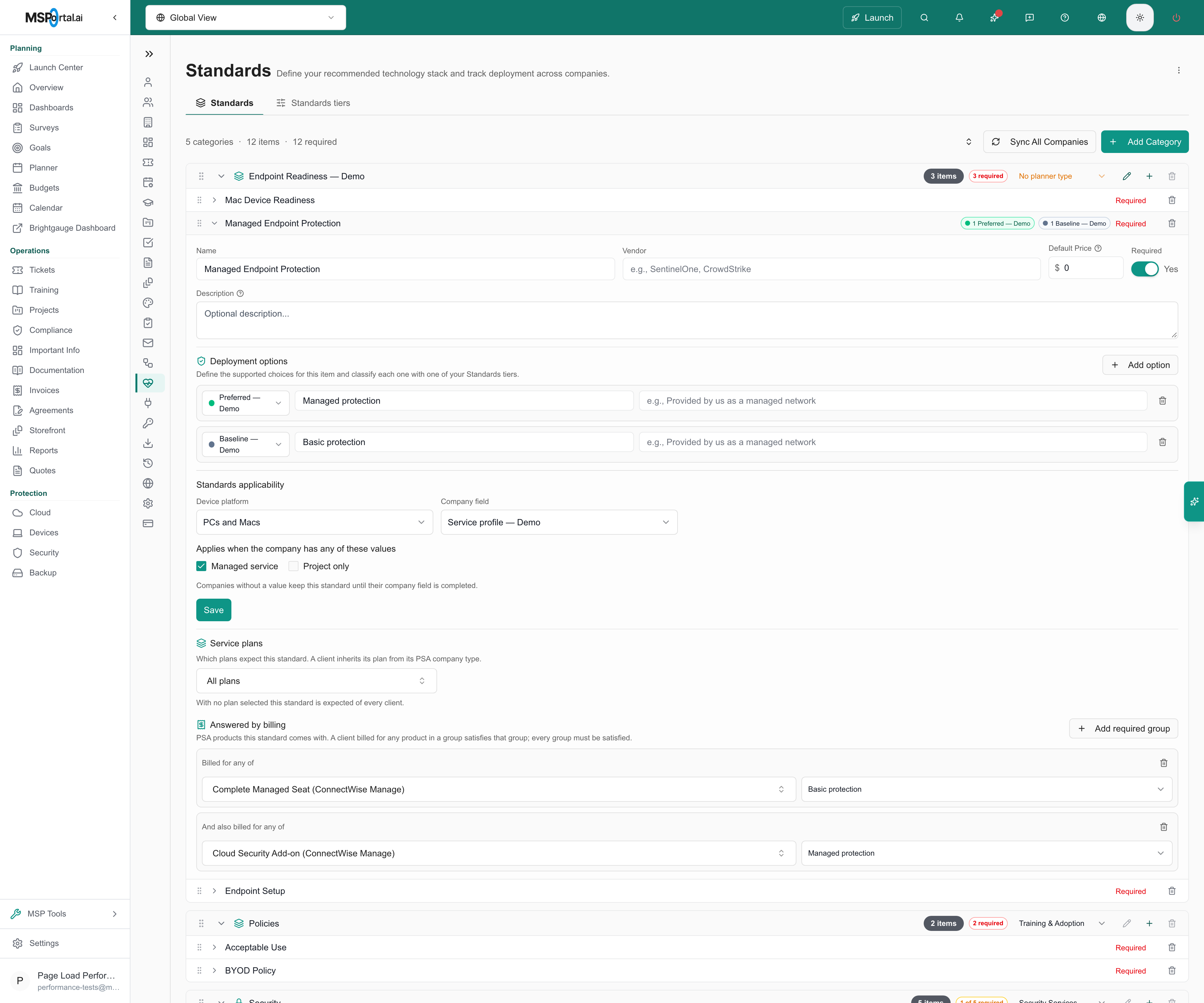 Two required billing groups configured with Basic protection and Managed protection options.