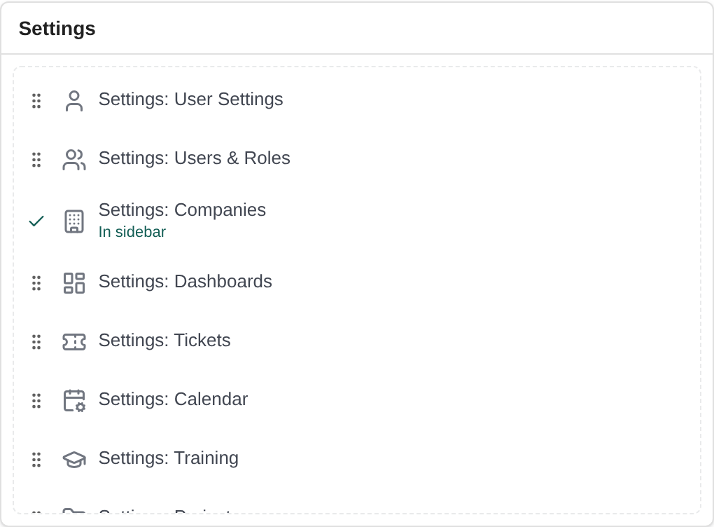 Settings panel in Sidebar order listing settings pages, with Settings: Companies marked In sidebar.
