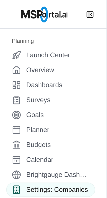 Docked sidebar with a Settings: Companies shortcut placed in the Planning section.