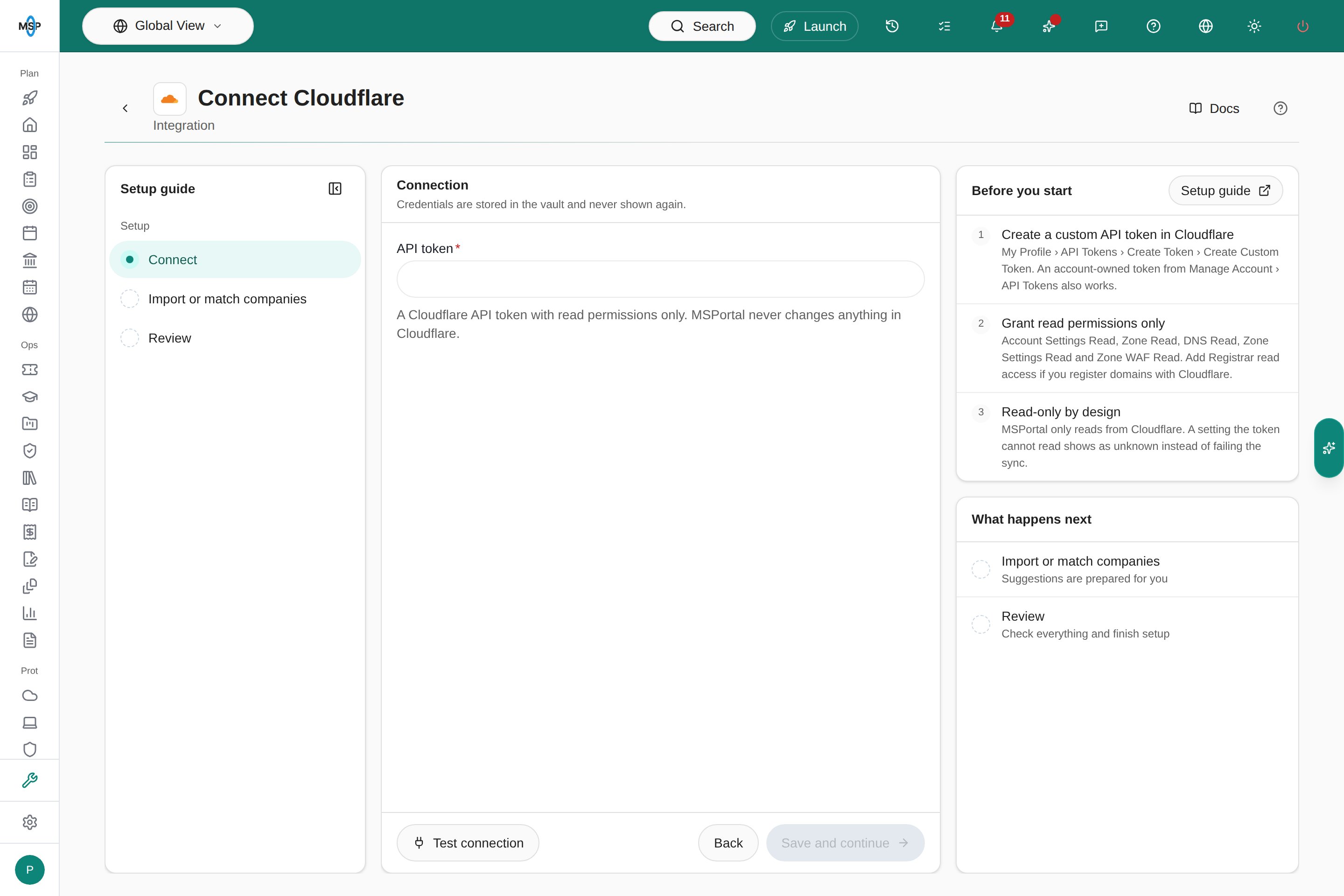 Connect Cloudflare page with the API token field, Test connection, and the Before you start steps listing the read permissions.