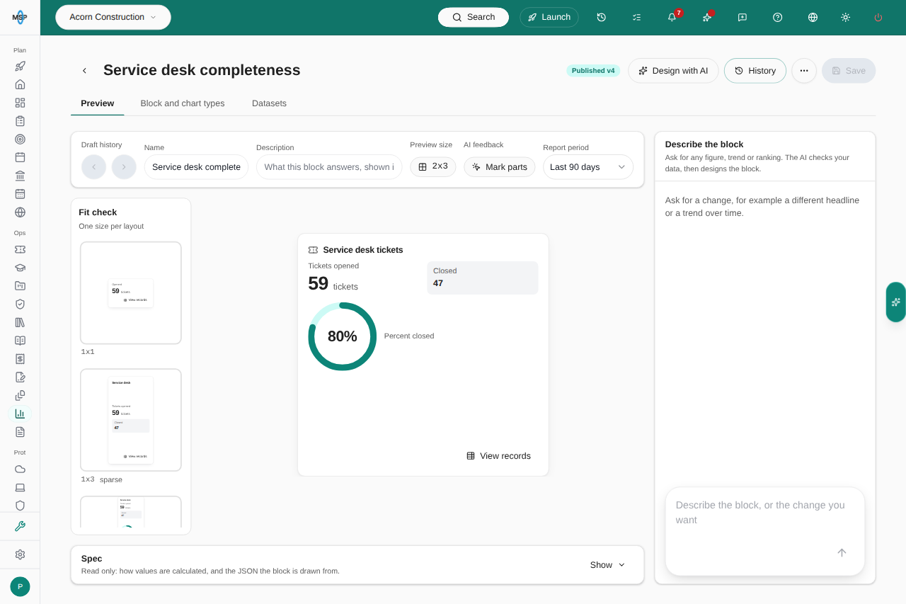 MSP AI block builder with a published service desk block, report period, preview size, Fit check, Design with AI and History controls