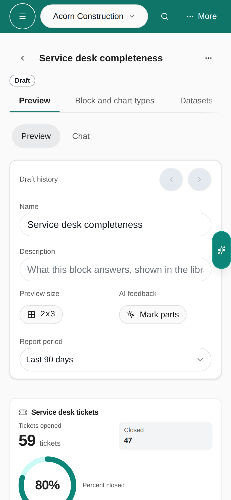 Phone AI block builder showing a service desk draft, Preview and Chat tabs, wrapped controls, and the active block preview