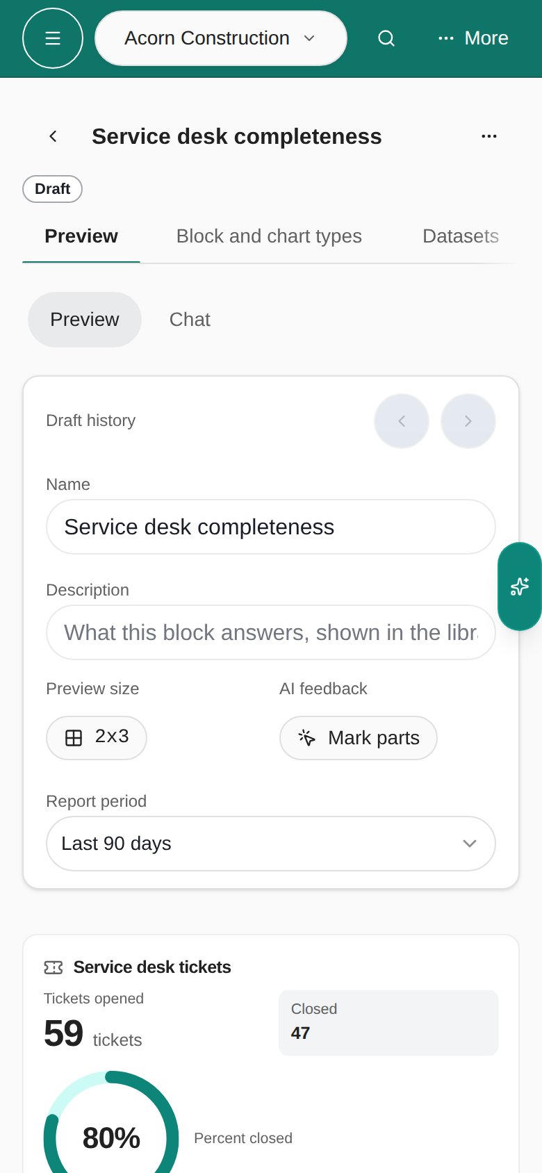 Phone AI block builder showing a service desk draft, Preview and Chat tabs, wrapped controls, and the active block preview