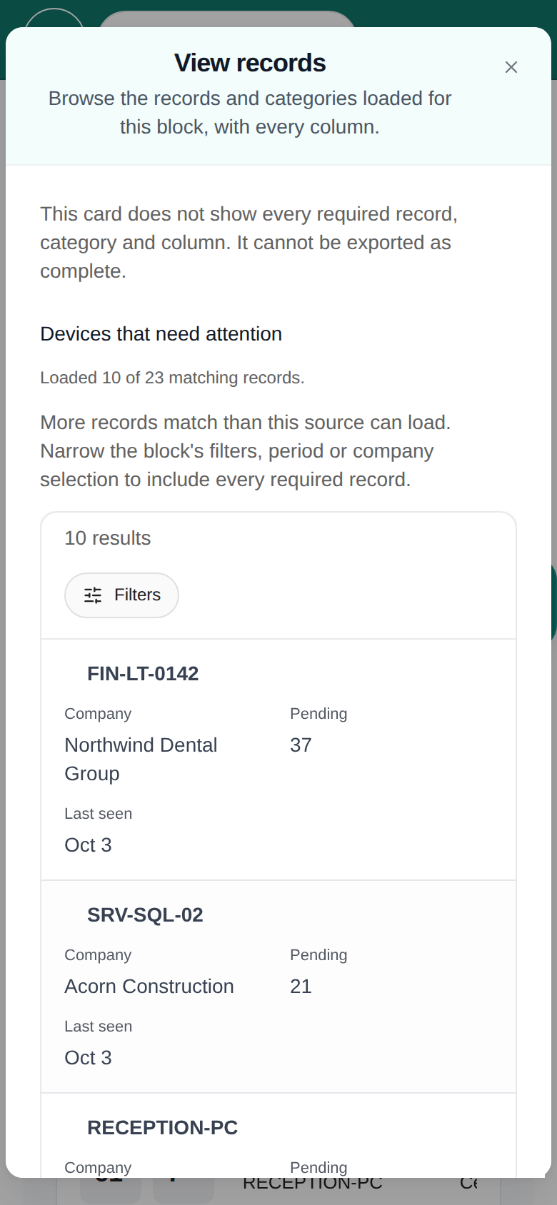 Example phone View records dialog showing stacked device fields and warnings about missing source records and incomplete export