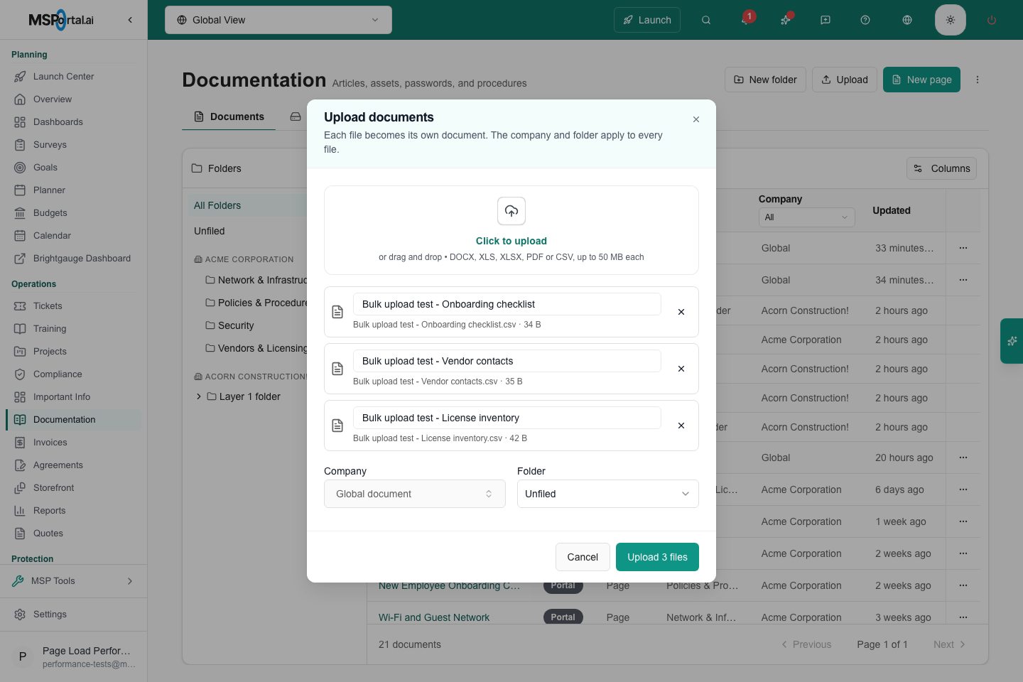 Upload documents dialog with a drop area, three queued CSV files with editable document names, shared Company and Folder selectors, and an Upload 3 files button.