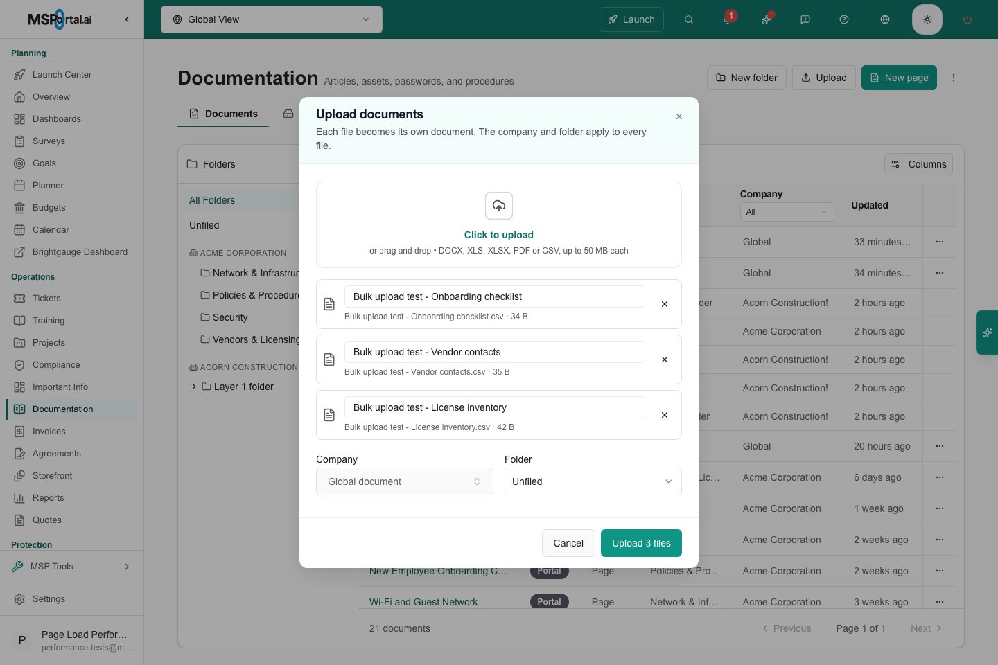 Upload documents dialog with a drop area, three queued CSV files with editable document names, shared Company and Folder selectors, and an Upload 3 files button.