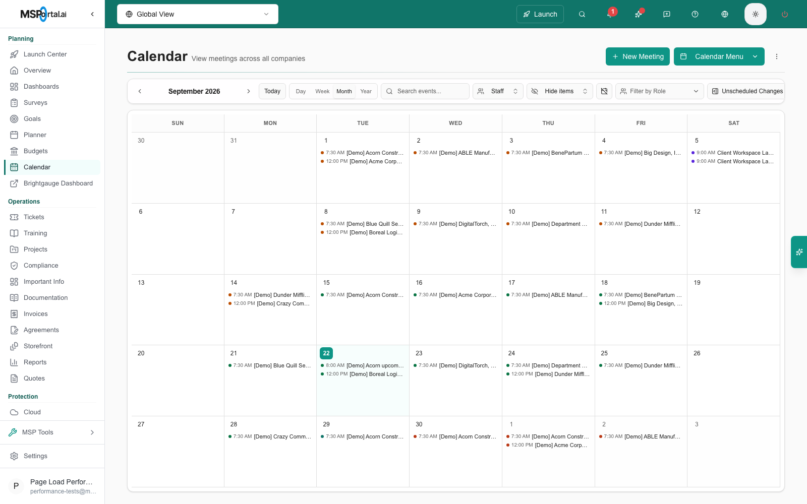 Calendar Month view listing each day's events with start times