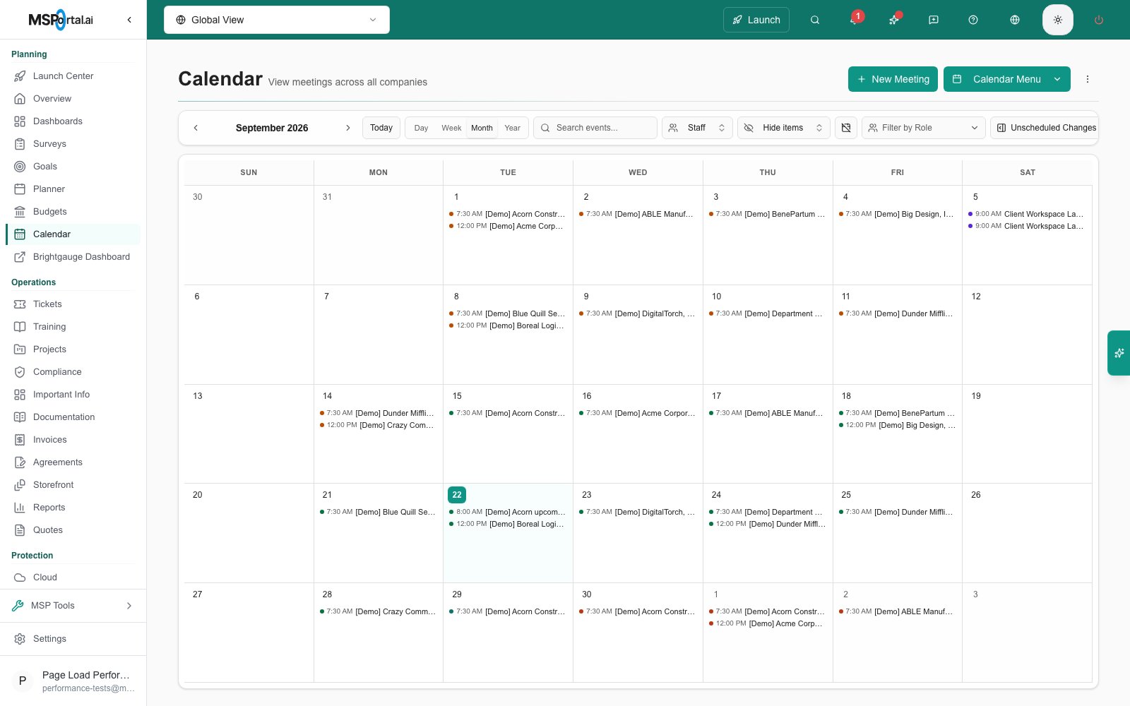 Calendar Month view listing each day's events with start times