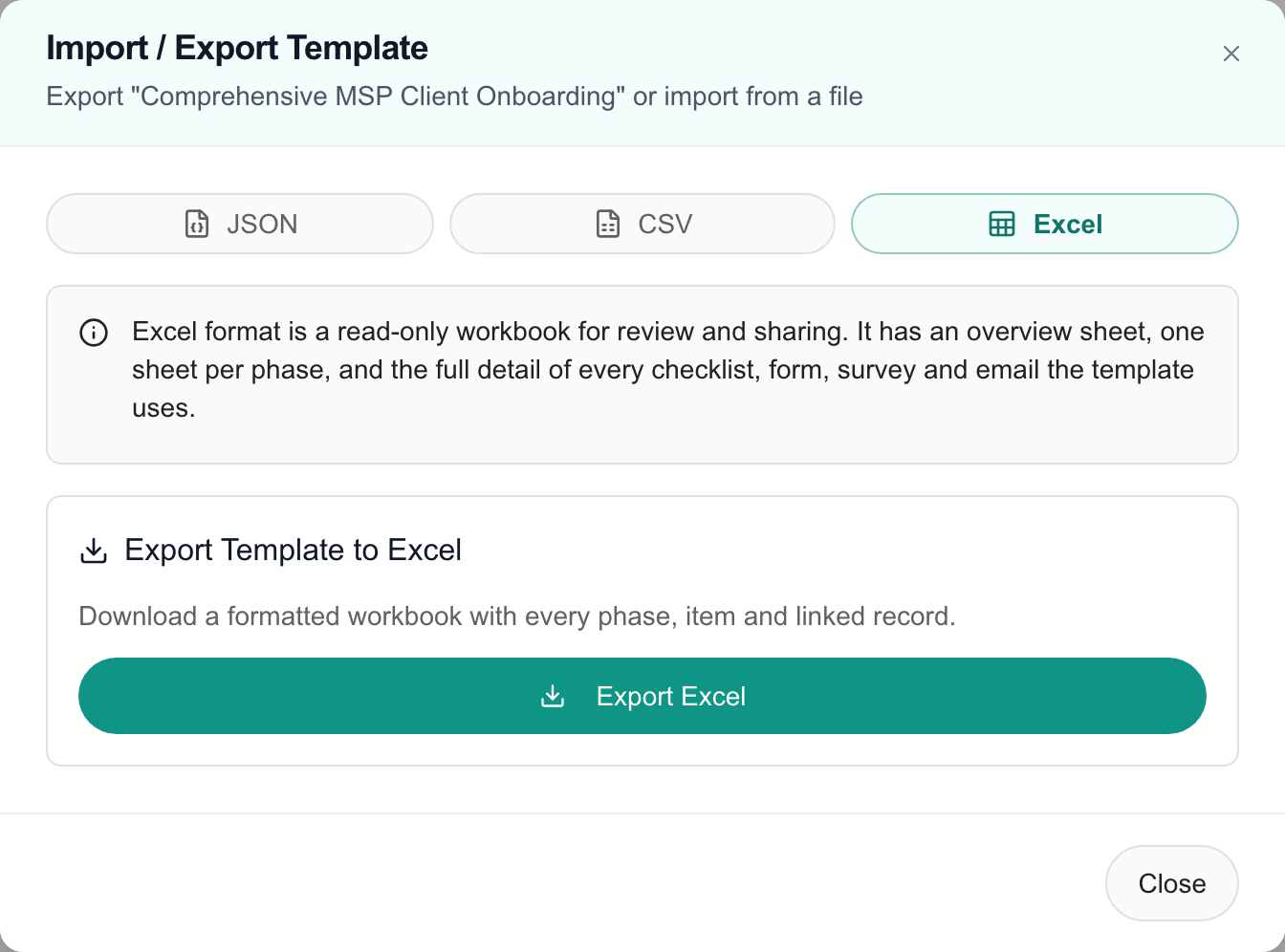 Excel tab of the Import / Export Template dialog with the Export Excel button