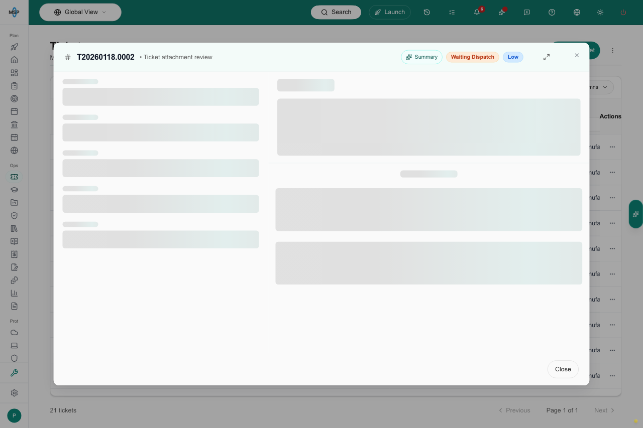 Ticket header and loading placeholders in the open ticket window