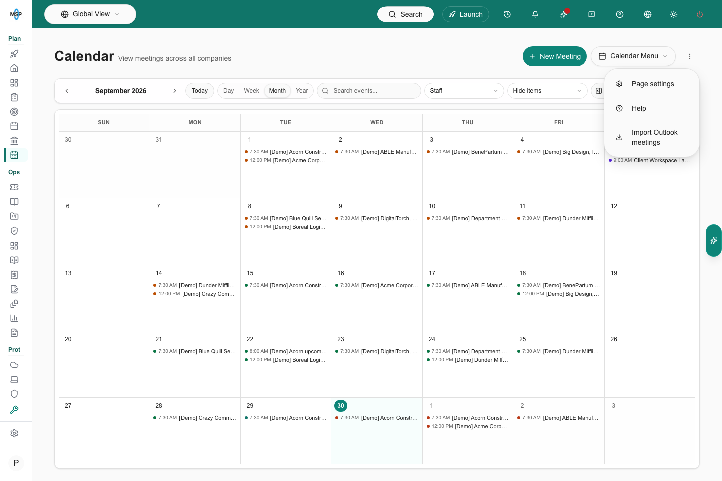 Calendar header Page actions menu with Import Outlook meetings.