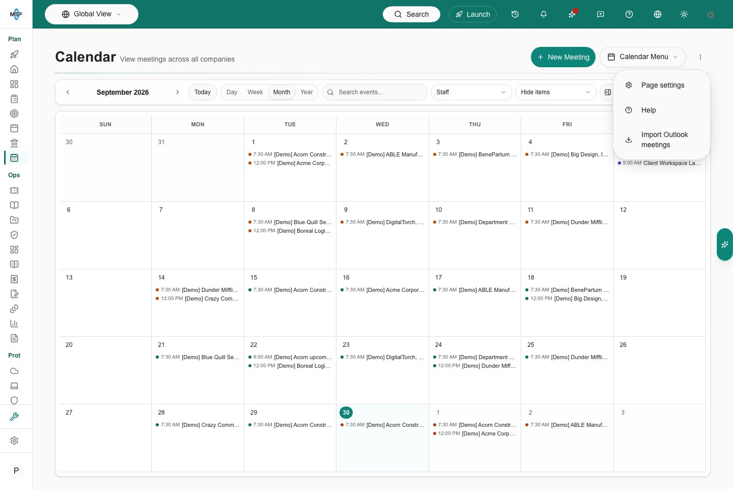 Calendar header Page actions menu with Import Outlook meetings.