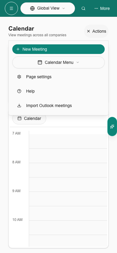 Phone Calendar Actions panel with Import Outlook meetings.