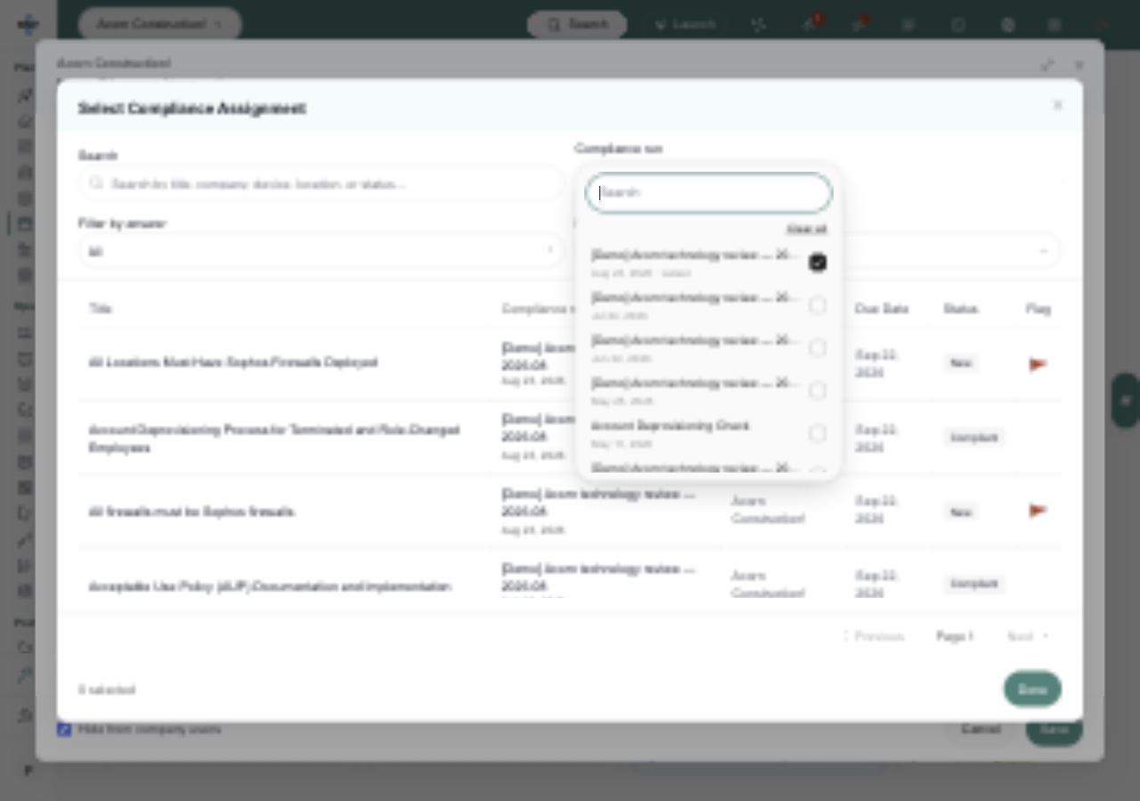 Compliance picker with a searchable run filter, run names and dates, and the newest run marked Latest.