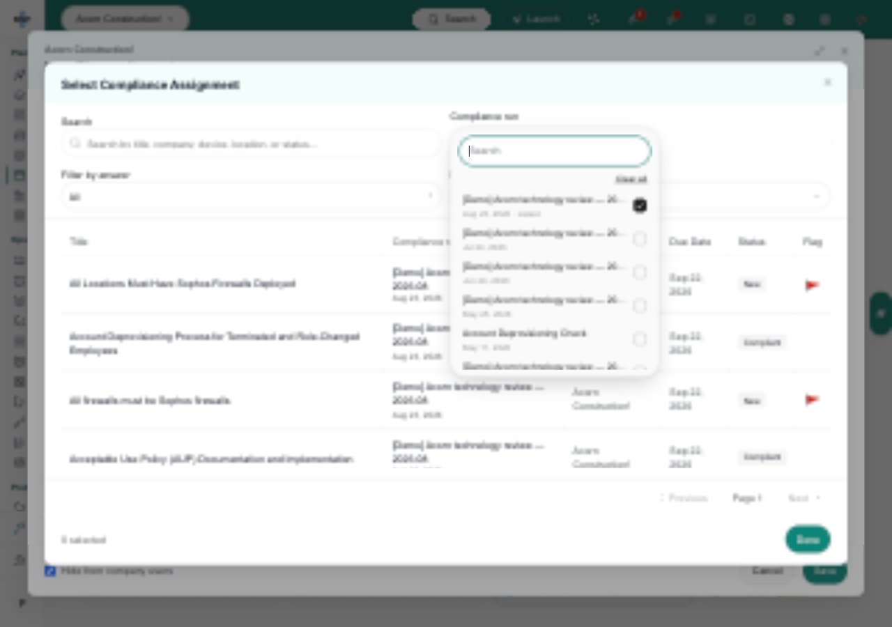 Compliance picker with a searchable run filter, run names and dates, and the newest run marked Latest.