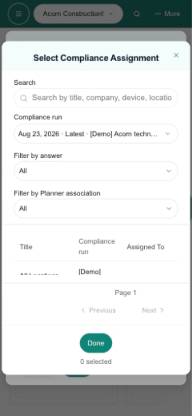 Selected compliance run on a phone showing its date and Latest marker before the run name.