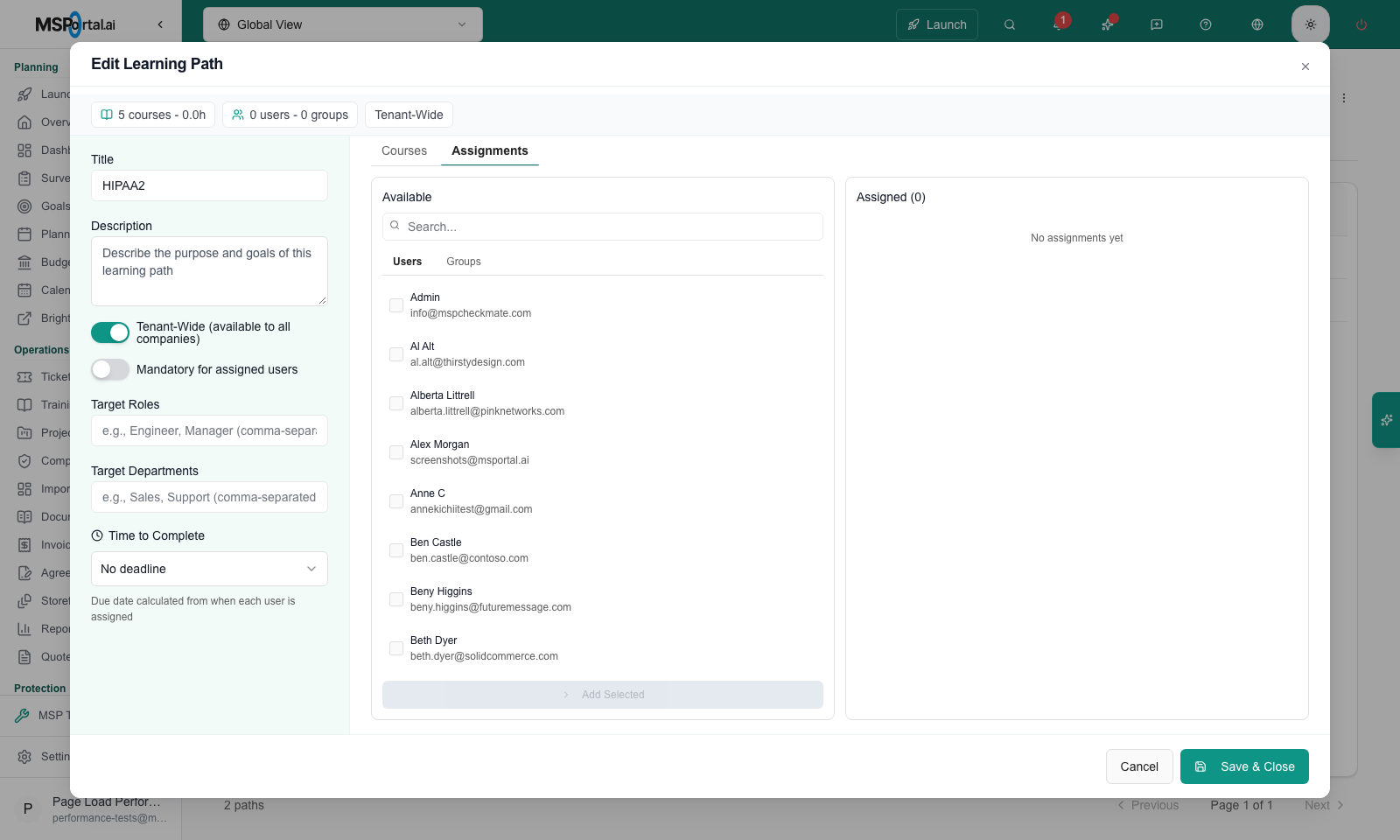 Branch preview, MSP example: the Assignments tab with available users on the left and the assigned list on the right.