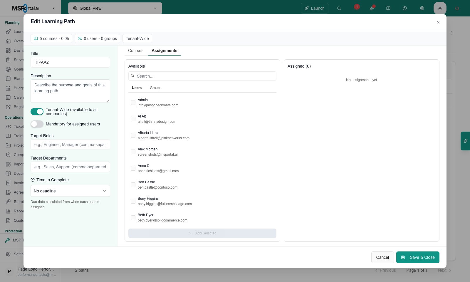 Branch preview, MSP example: the Assignments tab with available users on the left and the assigned list on the right.