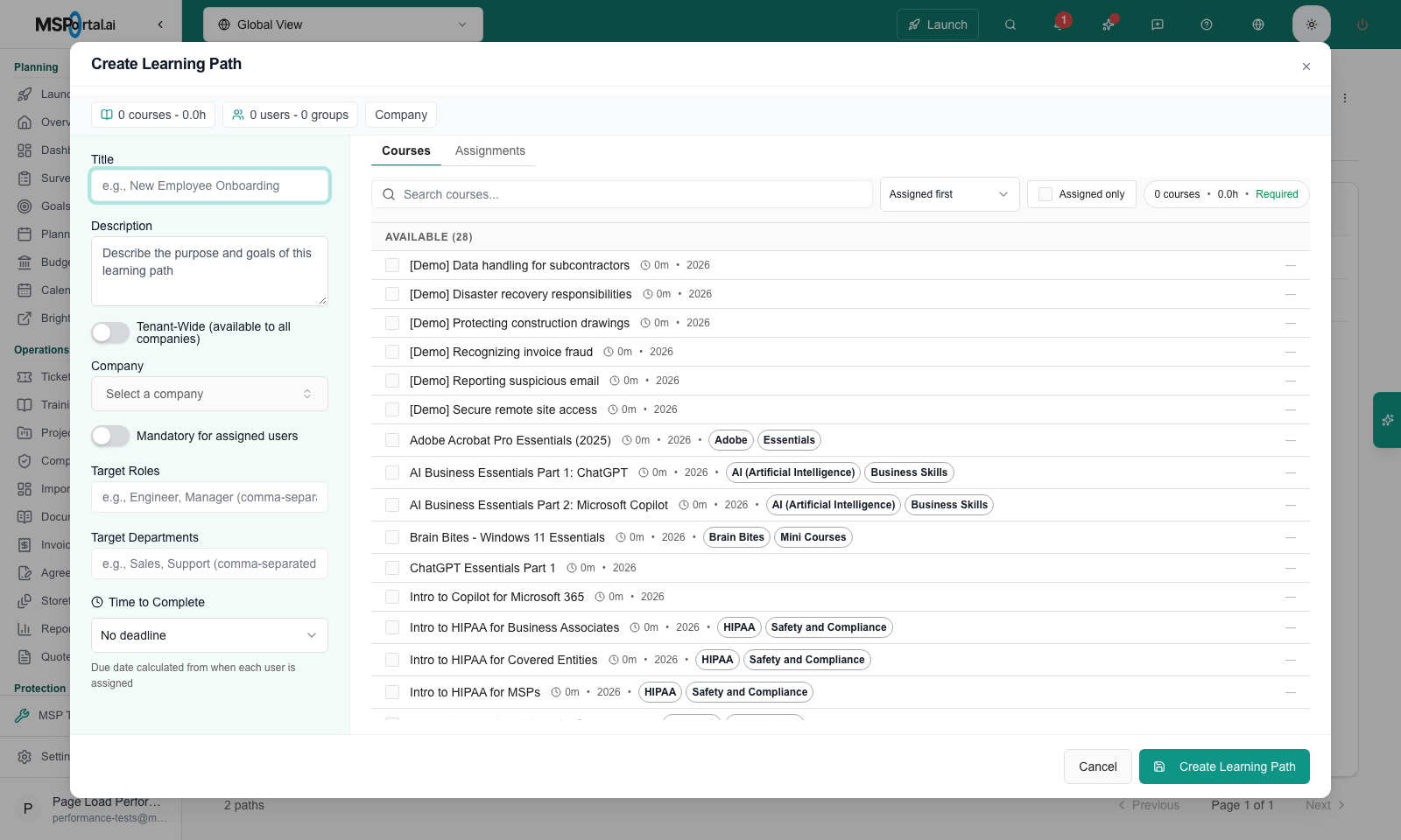 Branch preview, MSP example: the editor opened from Create Learning Path. Nothing has been saved.