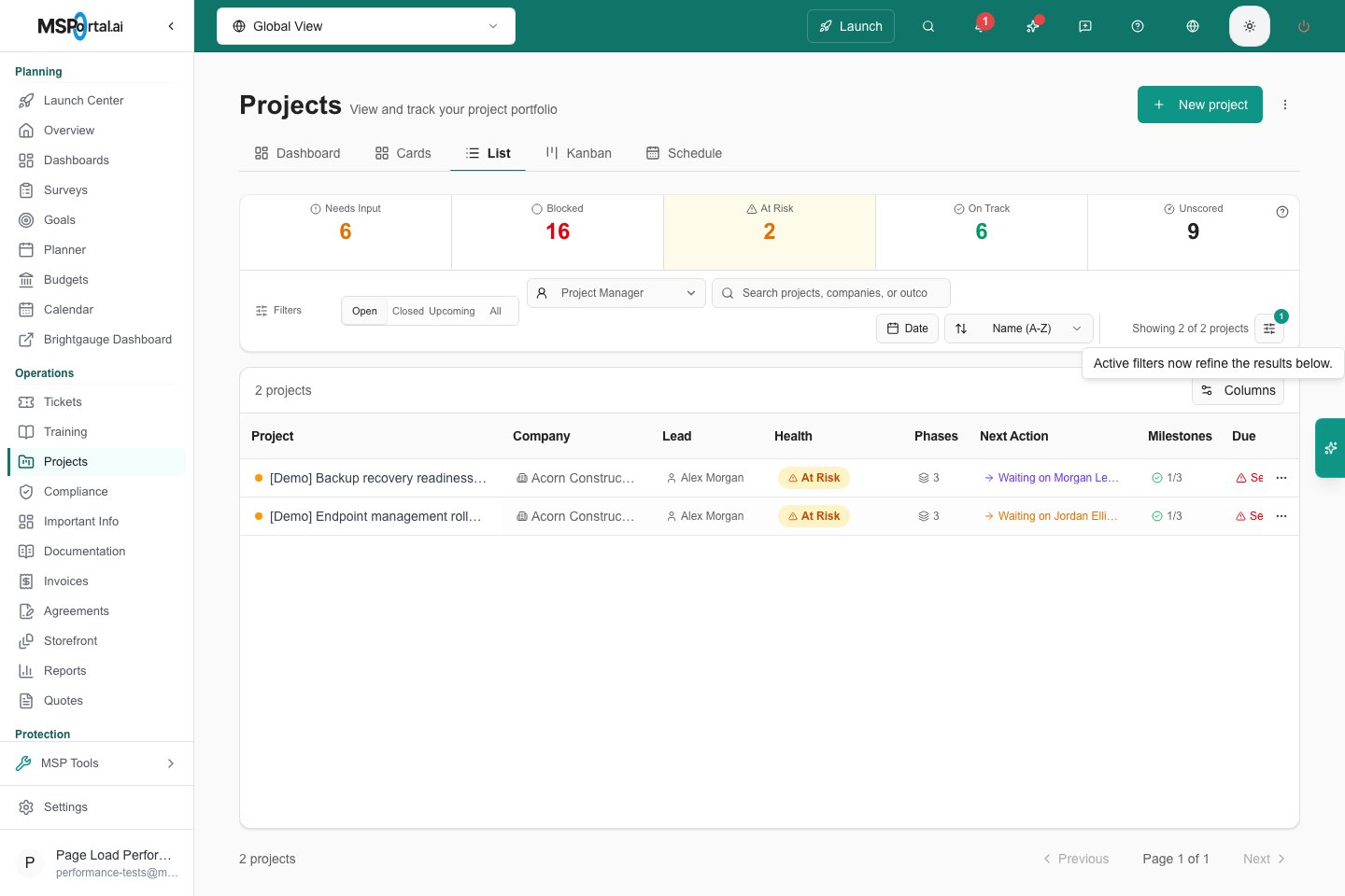 Projects List toolbar with one active filter shown as a count on the Filters button