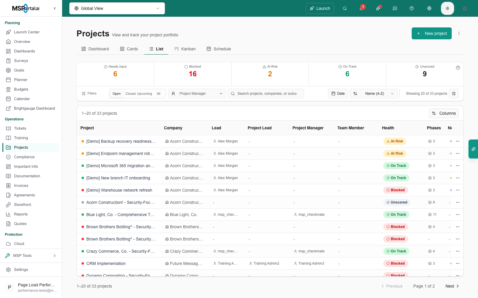 Projects List with Project Lead, Project Manager, and Team Member role columns turned on