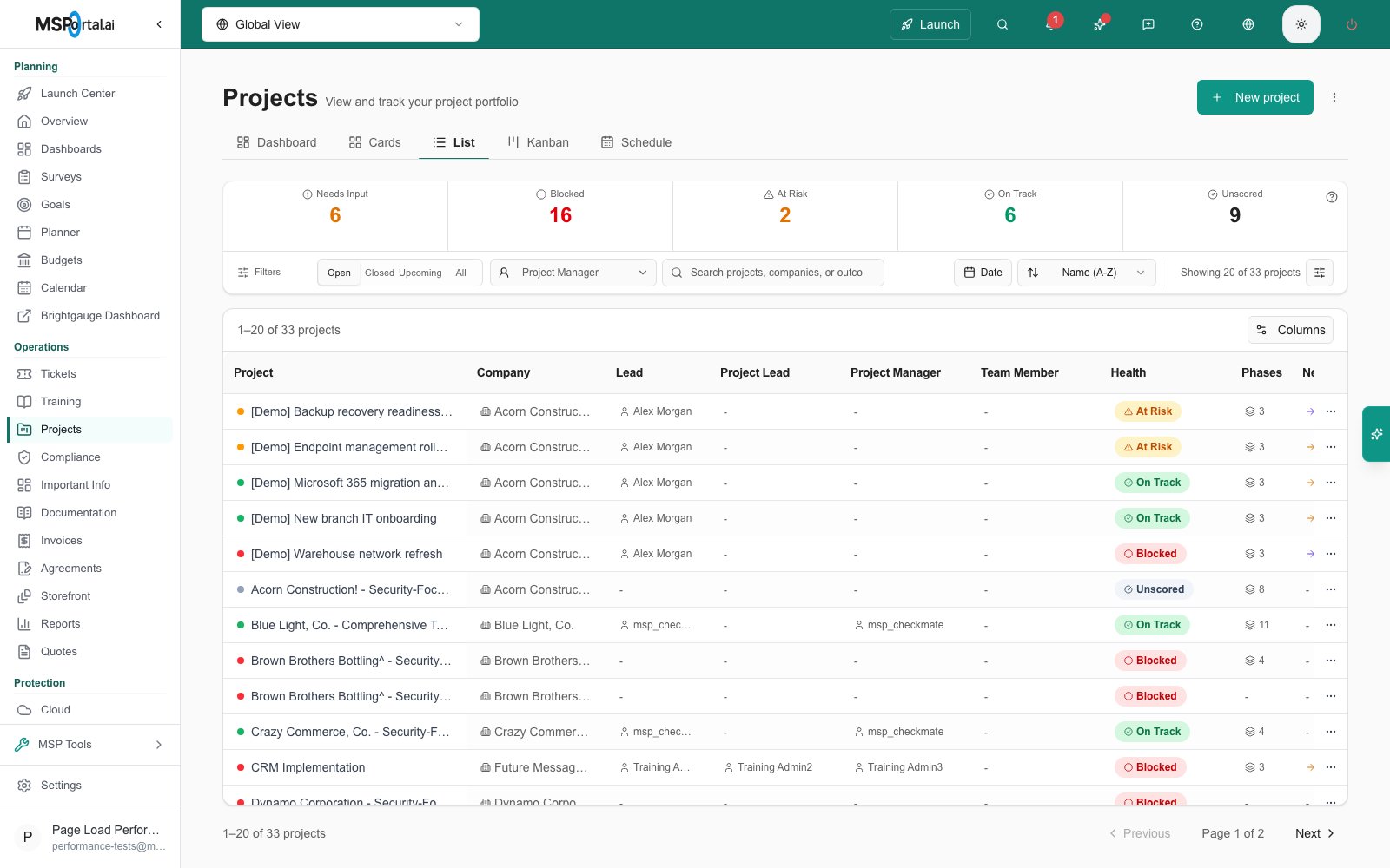 Projects List with Project Lead, Project Manager, and Team Member role columns turned on