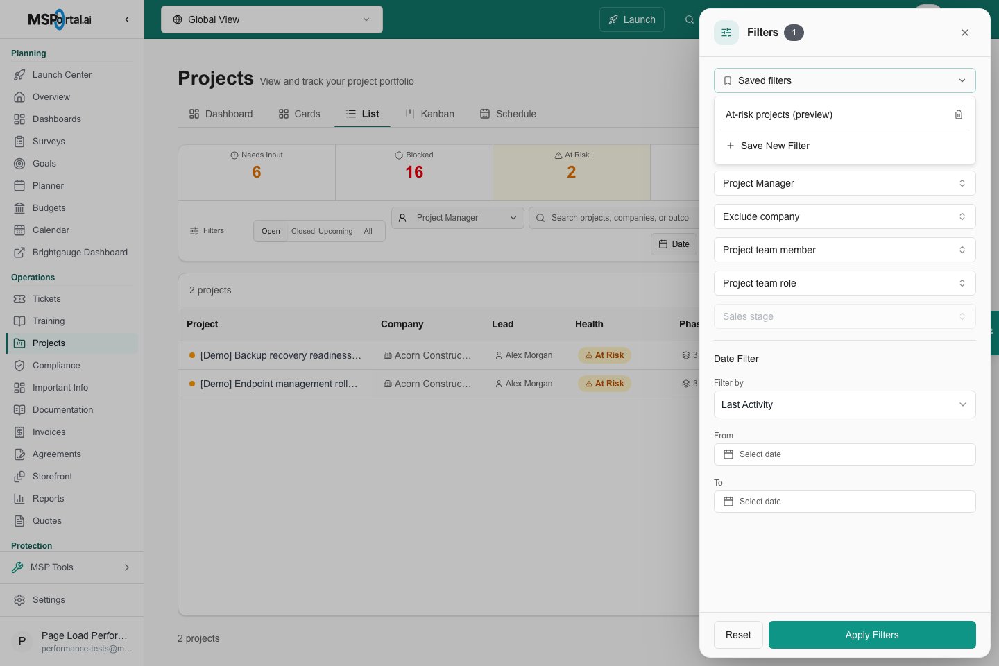 Projects Filters drawer with the Saved filters list open, showing one saved filter and Save New Filter
