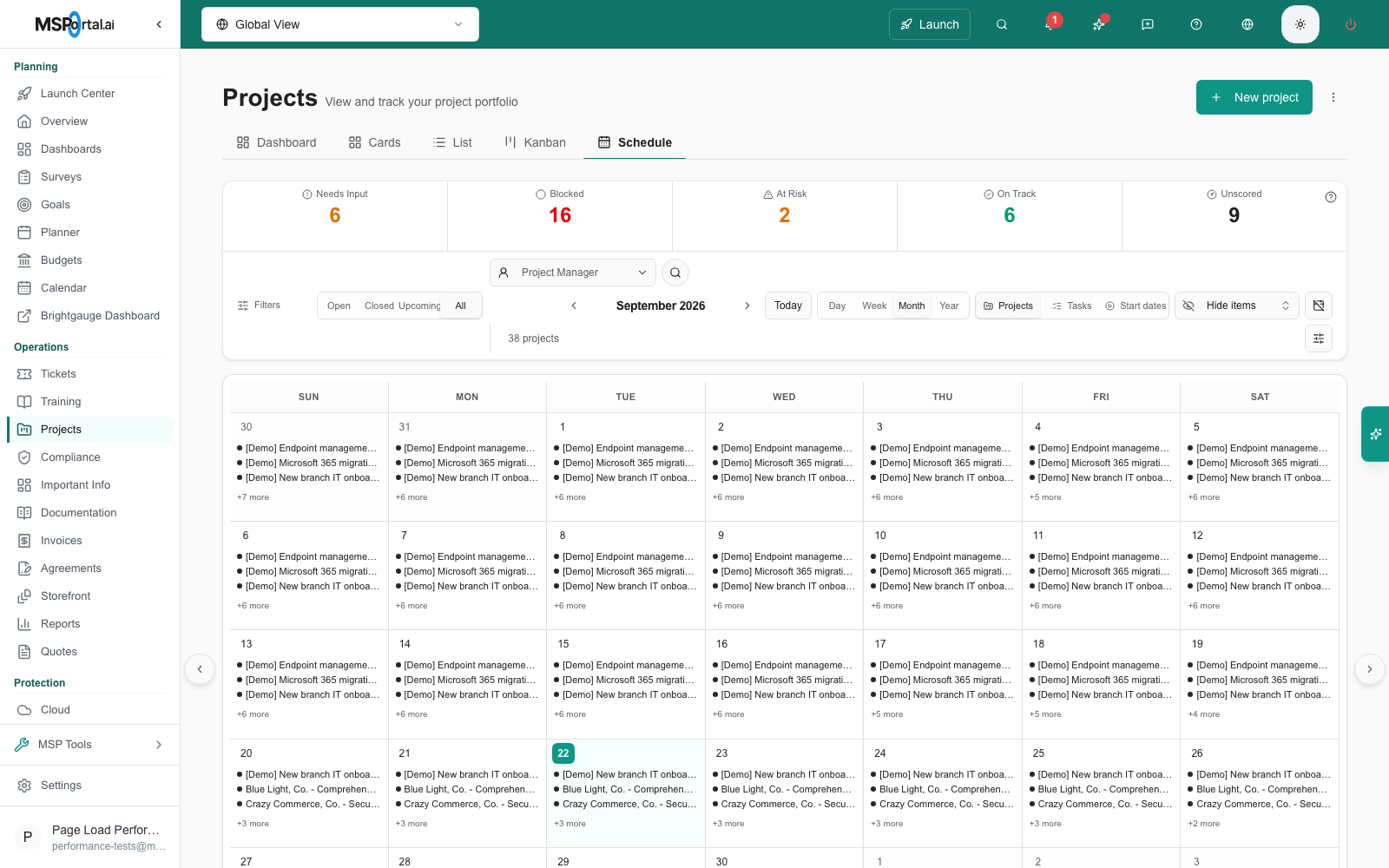 Projects > Schedule in Month view grouped by Projects, with each day listing project names and a more-items link
