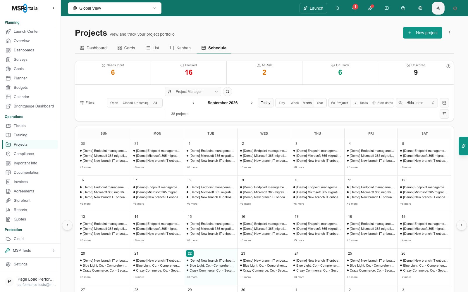 Projects > Schedule in Month view grouped by Projects, with each day listing project names and a more-items link