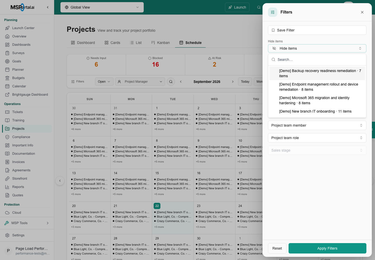 Projects > Schedule filter panel with the Hide items selector open above the team filters