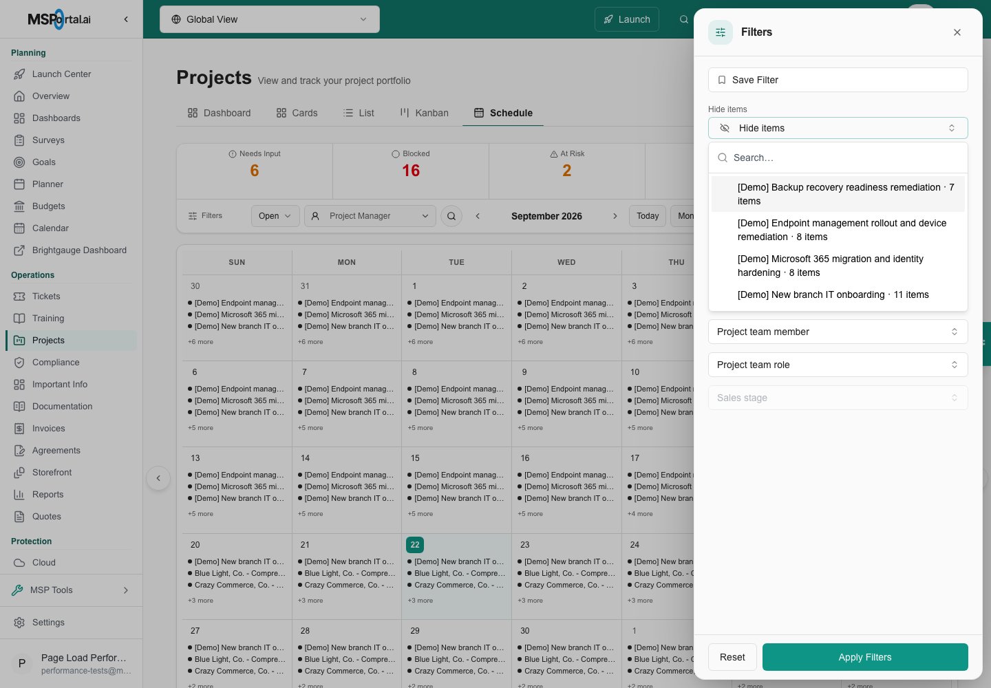 Projects > Schedule filter panel with the Hide items selector open above the team filters