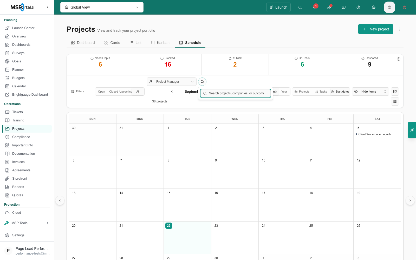 Projects > Schedule with the search field open below the magnifier icon